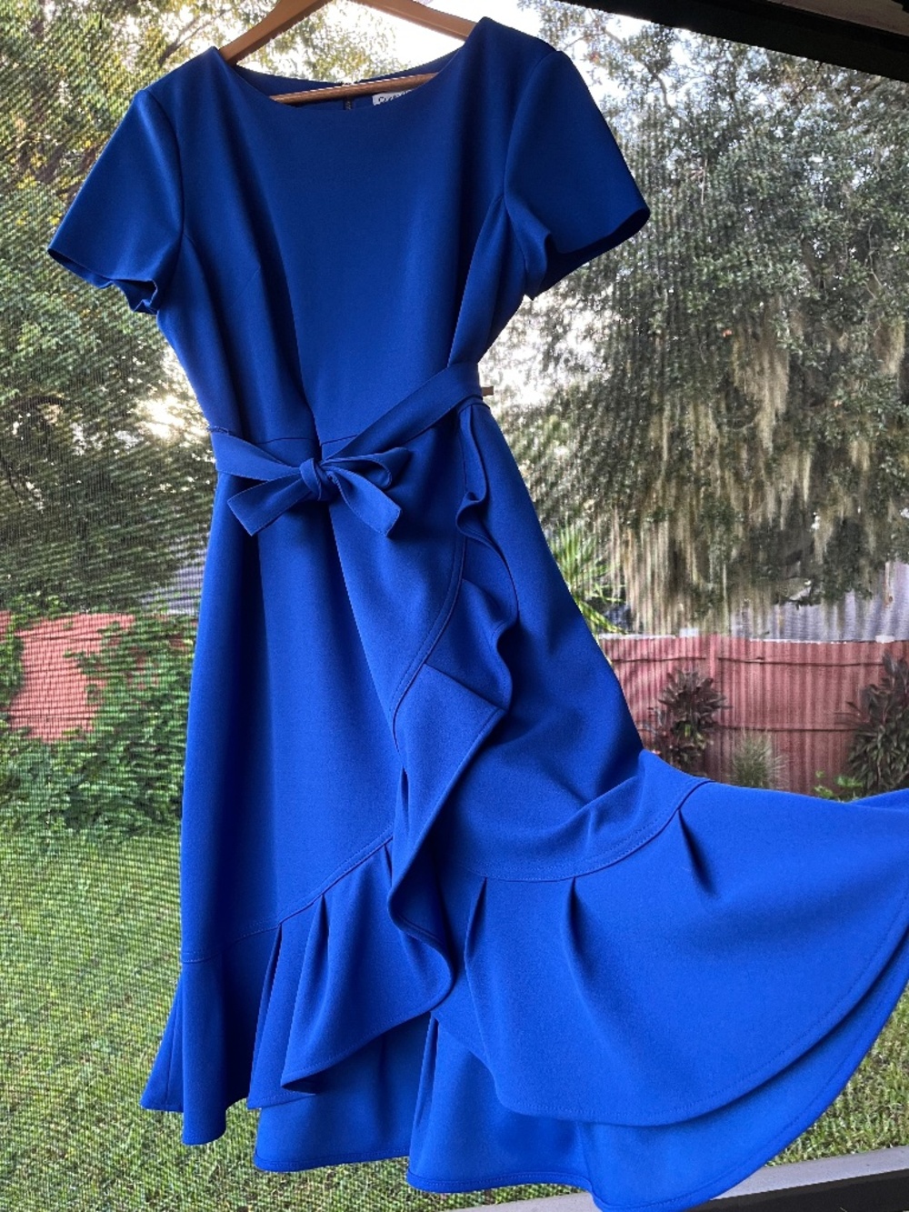Calvin Klein  Ruffle Faux Wrap Belted Royal Blue Short Sleeve Sheath Dress Chic‎
